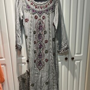Silver Embroidered Maxi Dress with Pink Accents